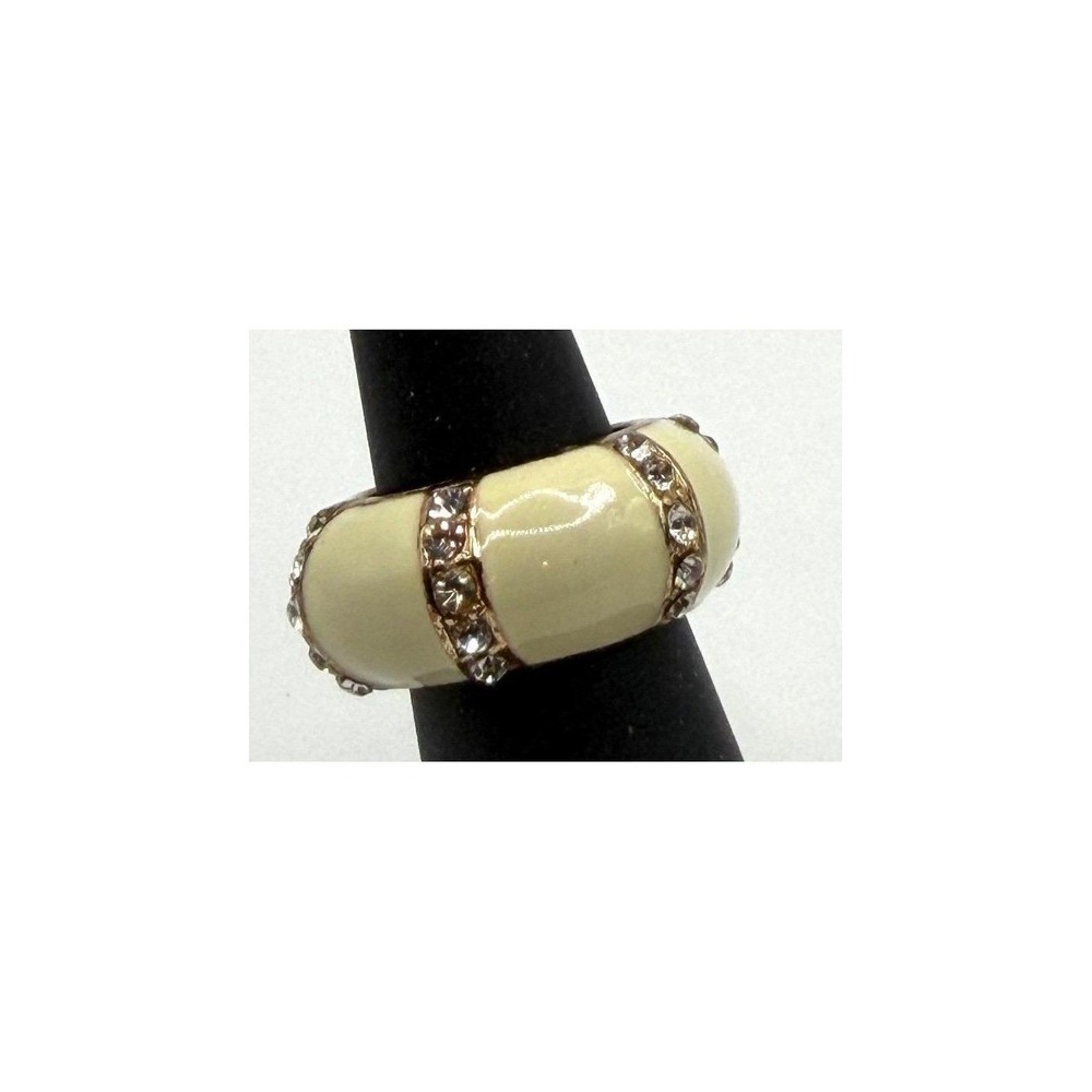 Chunky Cream Enamel Rhinestone Wide Band Ring Statement Size 5.5–6‎